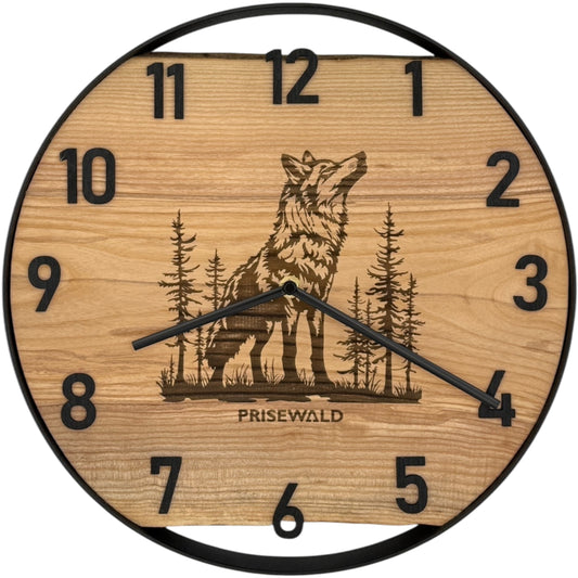 Runde Wanduhr aus Eschenholz, 35 cm, schwarzer Rahmen, arabische Ziffern, Wolf