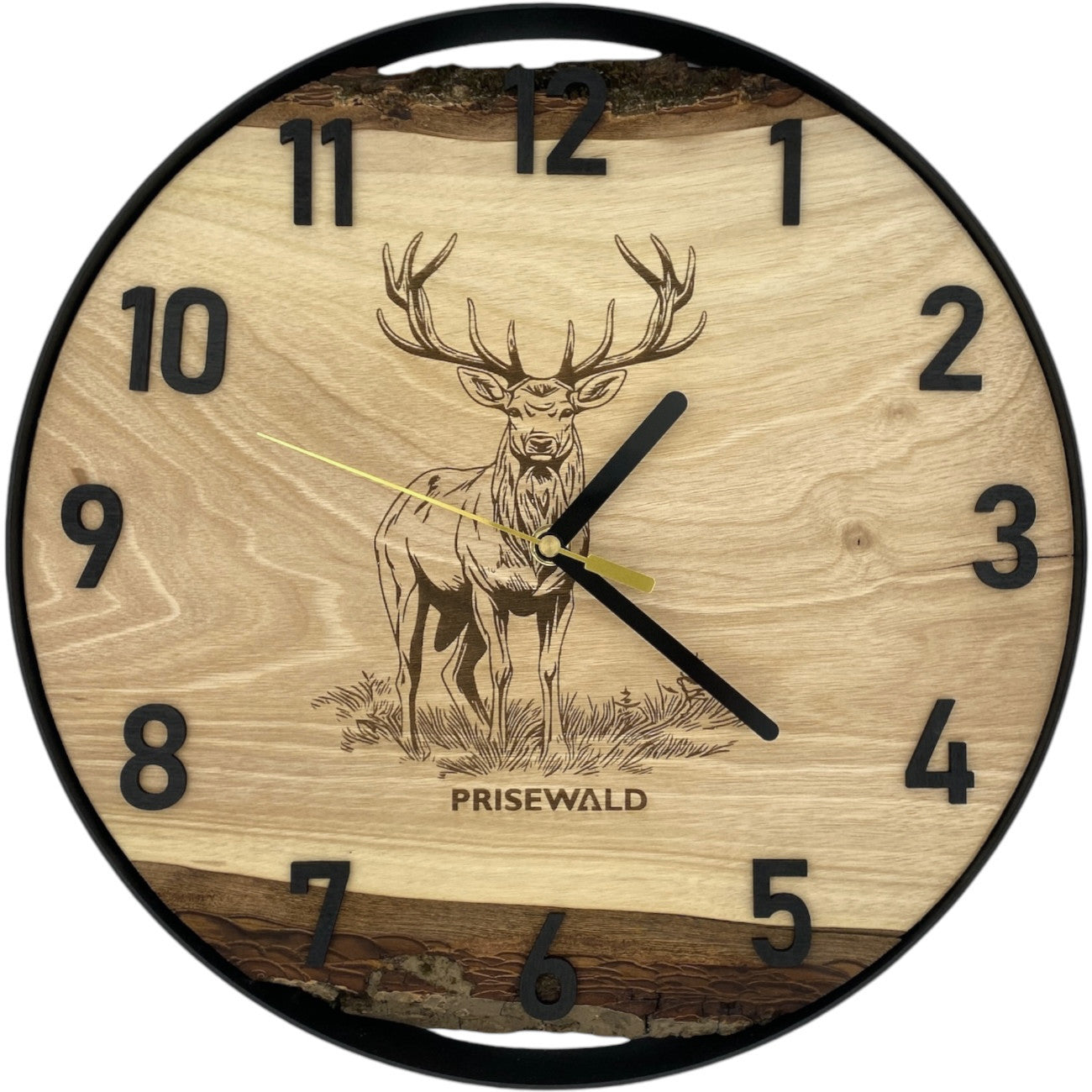 Runde Wanduhr aus Walnussholz, 35 cm, schwarzer Rahmen, arabische Ziffern, Hirsch