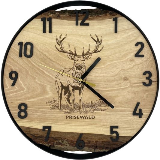 Runde Wanduhr aus Walnussholz, 35 cm, schwarzer Rahmen, arabische Ziffern, Hirsch