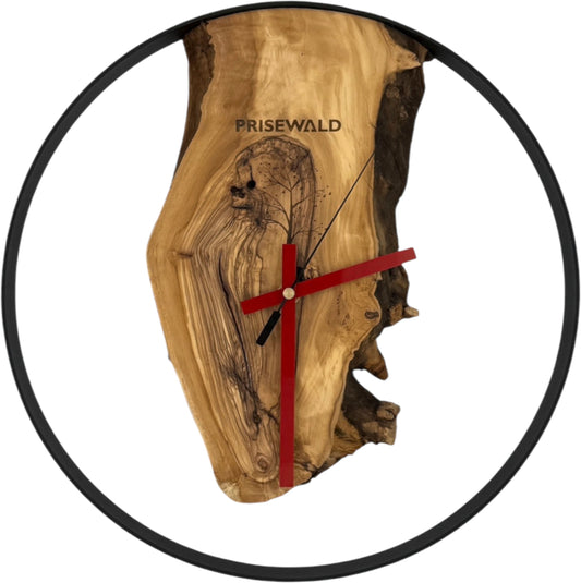 Runde Wanduhr aus Olivenholz, 35 cm, schwarzer Rahmen, keine Ziffern