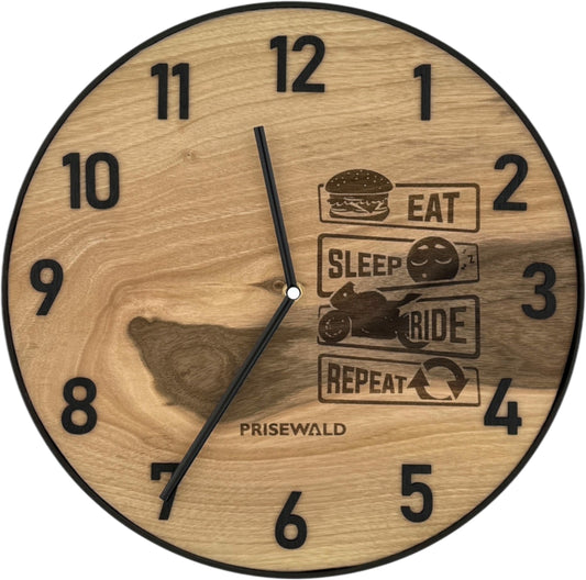 Runde Wanduhr aus Walnussholz, 35 cm, schwarzer Rahmen, arabische Ziffern, "EAT, SLEEP, RIDE, REPEAT"