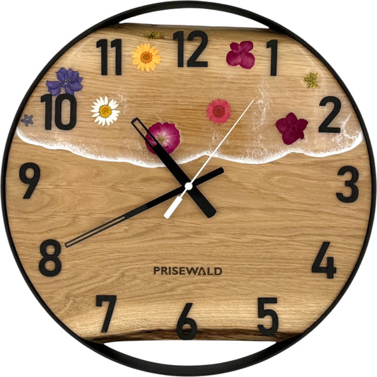 Runde Wanduhr aus Eichenholz, 35 cm, schwarzer Rahmen, arabische Ziffern, Durchsichtiges Epoxidharz, Blumen
