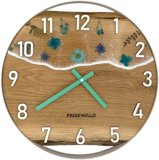 Runde Wanduhr aus Eichenholz, 35 cm, weisser Rahmen, arabische Ziffern, Durchsichtiges Epoxidharz, Blumen