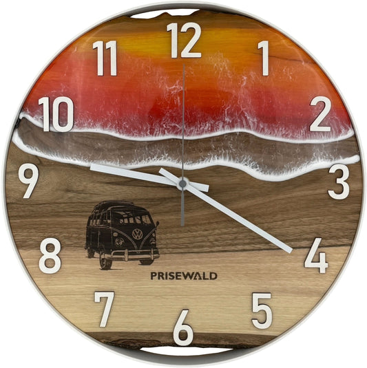 Runde Wanduhr aus Walnussholz, 35 cm, weisser Rahmen, arabische Ziffern, sonnenuntergang farbiges Epoxidharz, VW