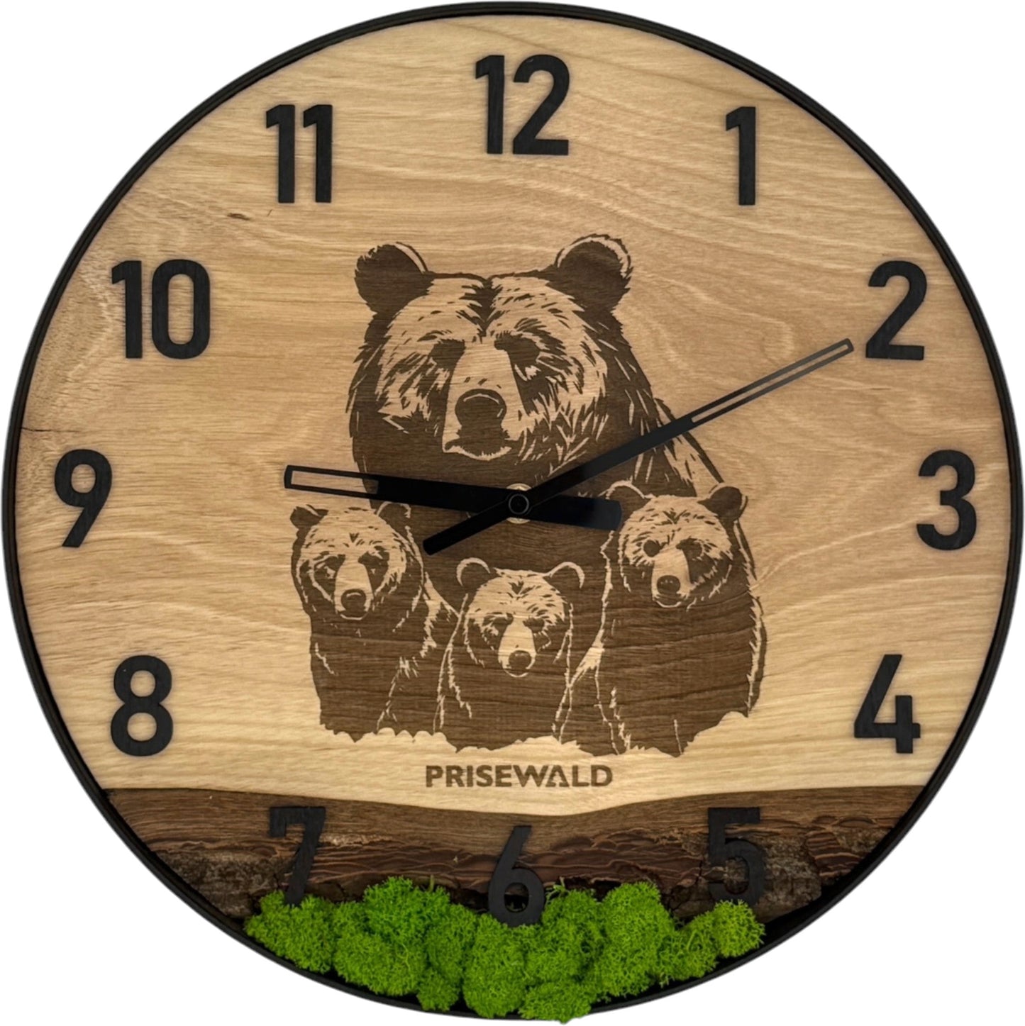 Runde Wanduhr aus Eichenholz, 35 cm, schwarzer Rahmen, arabische Ziffern, grünes Moos, Bären