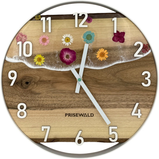 Runde Wanduhr aus Walnussholz, 35 cm, weisser Rahmen, arabische Ziffern, Durchsichtiges Epoxidharz, Blumen