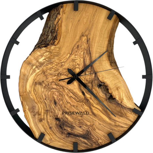 Runde Wanduhr aus Olivenholz, 35 cm, schwarzer Rahmen, Teilstriche Ziffern