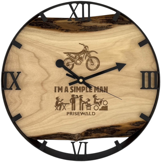 Runde Wanduhr aus Walnussholz, 35 cm, schwarzer Rahmen, römische Ziffern, Motocross, I'M A SIMPLE MAN 🏍️
