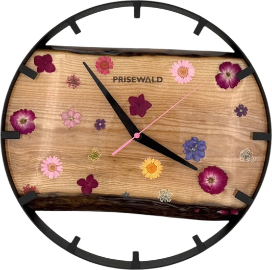 Runde Wanduhr aus Walnussholz, 35 cm, schwarzer Rahmen, Teilstriche Ziffern, Durchsichtiges Epoxidharz, Blumen