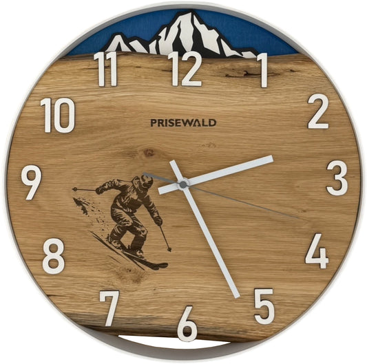 Runde Wanduhr aus Eichenholz, 35 cm, weisser Rahmen, arabische Ziffern, schneebedeckte Berge, Skifahrer