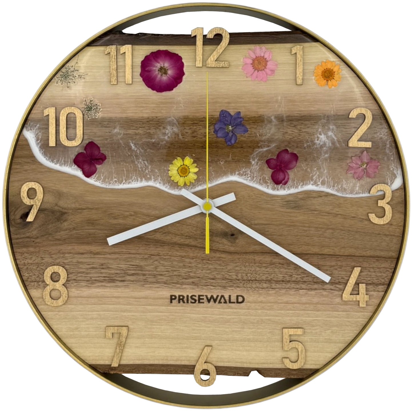 Runde Wanduhr aus Walnussholz, 35 cm, goldener Rahmen, arabische Ziffern, Durchsichtiges Epoxidharz, Blumen