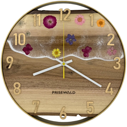 Runde Wanduhr aus Walnussholz, 35 cm, goldener Rahmen, arabische Ziffern, Durchsichtiges Epoxidharz, Blumen