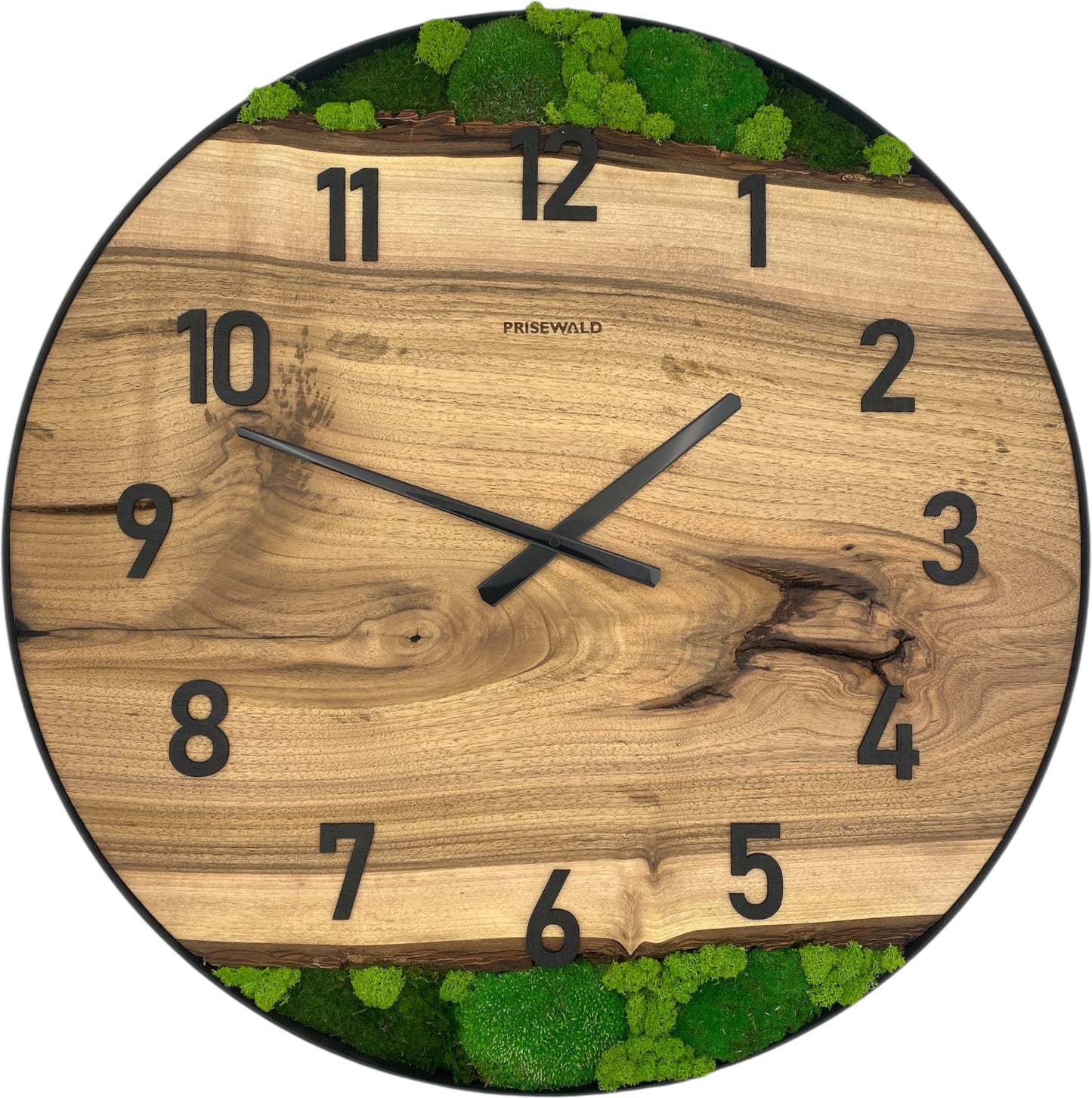 Runde Wanduhr aus Walnussholz, 70 cm, schwarzer Rahmen, arabische Ziffern, grünes Moos