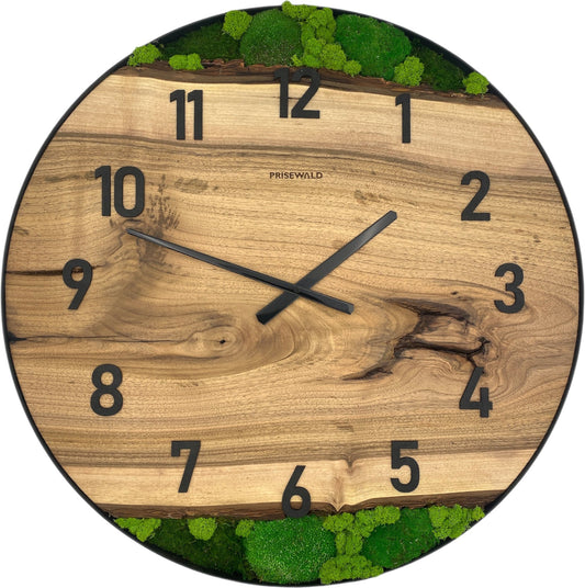 Runde Wanduhr aus Walnussholz, 70 cm, schwarzer Rahmen, arabische Ziffern, grünes Moos