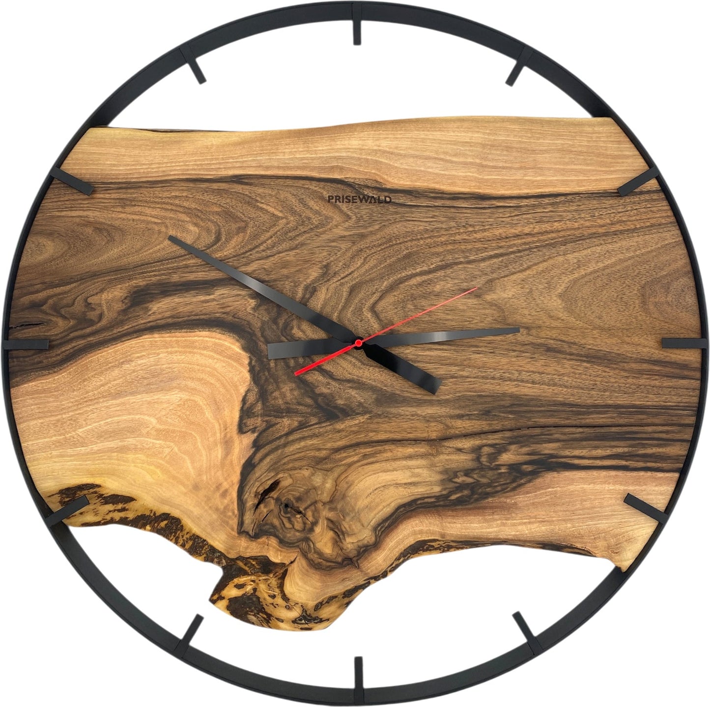 Runde Wanduhr aus Walnussholz, 70 cm, schwarzer Rahmen, Teilstriche Ziffern