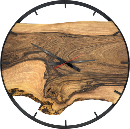 Runde Wanduhr aus Walnussholz, 70 cm, schwarzer Rahmen, Teilstriche Ziffern