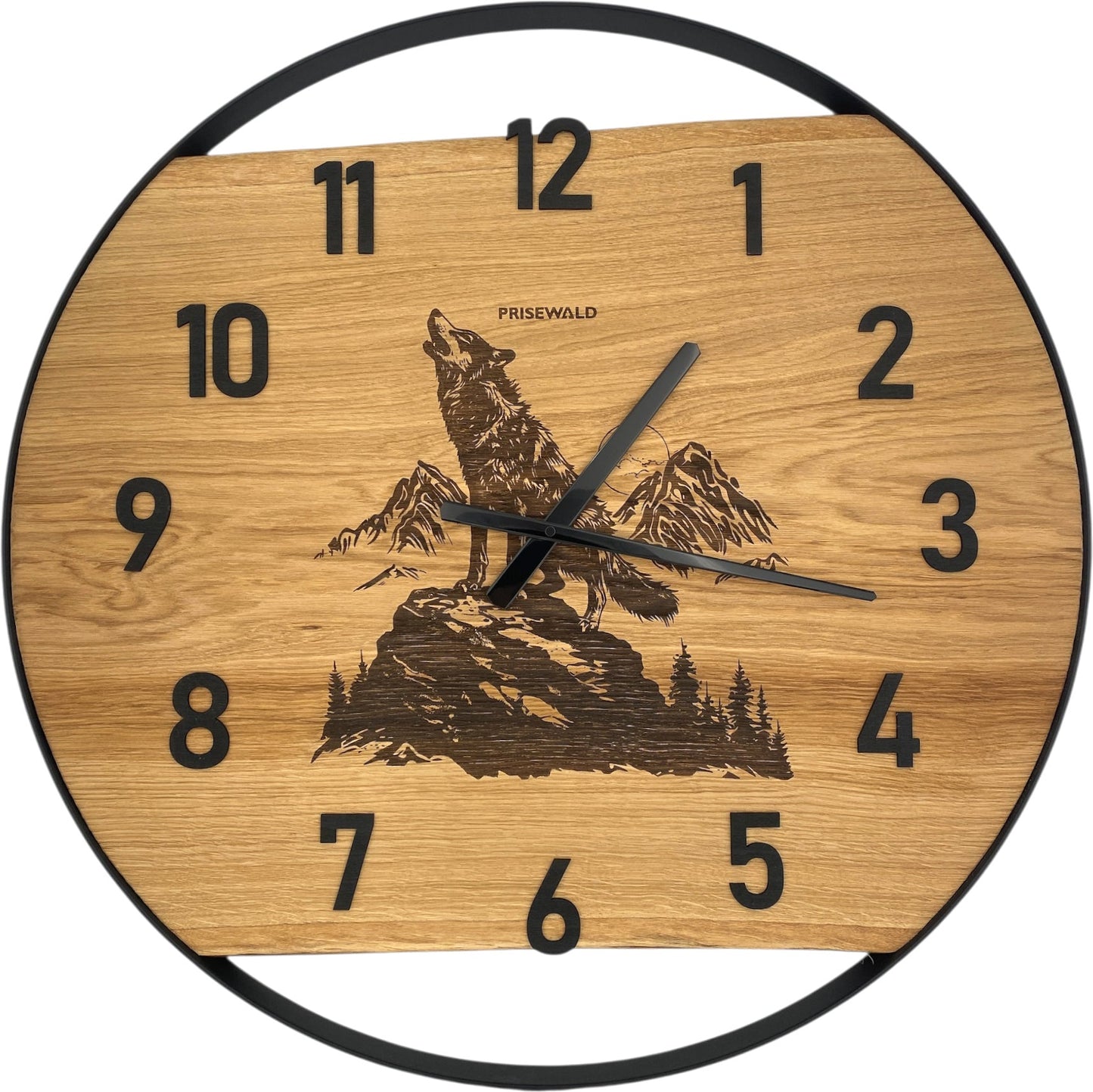 Runde Wanduhr aus Eichenholz, 70 cm, schwarzer Rahmen, arabische Ziffern, Wolf
