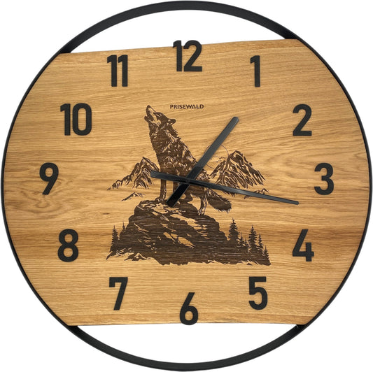 Runde Wanduhr aus Eichenholz, 70 cm, schwarzer Rahmen, arabische Ziffern, Wolf
