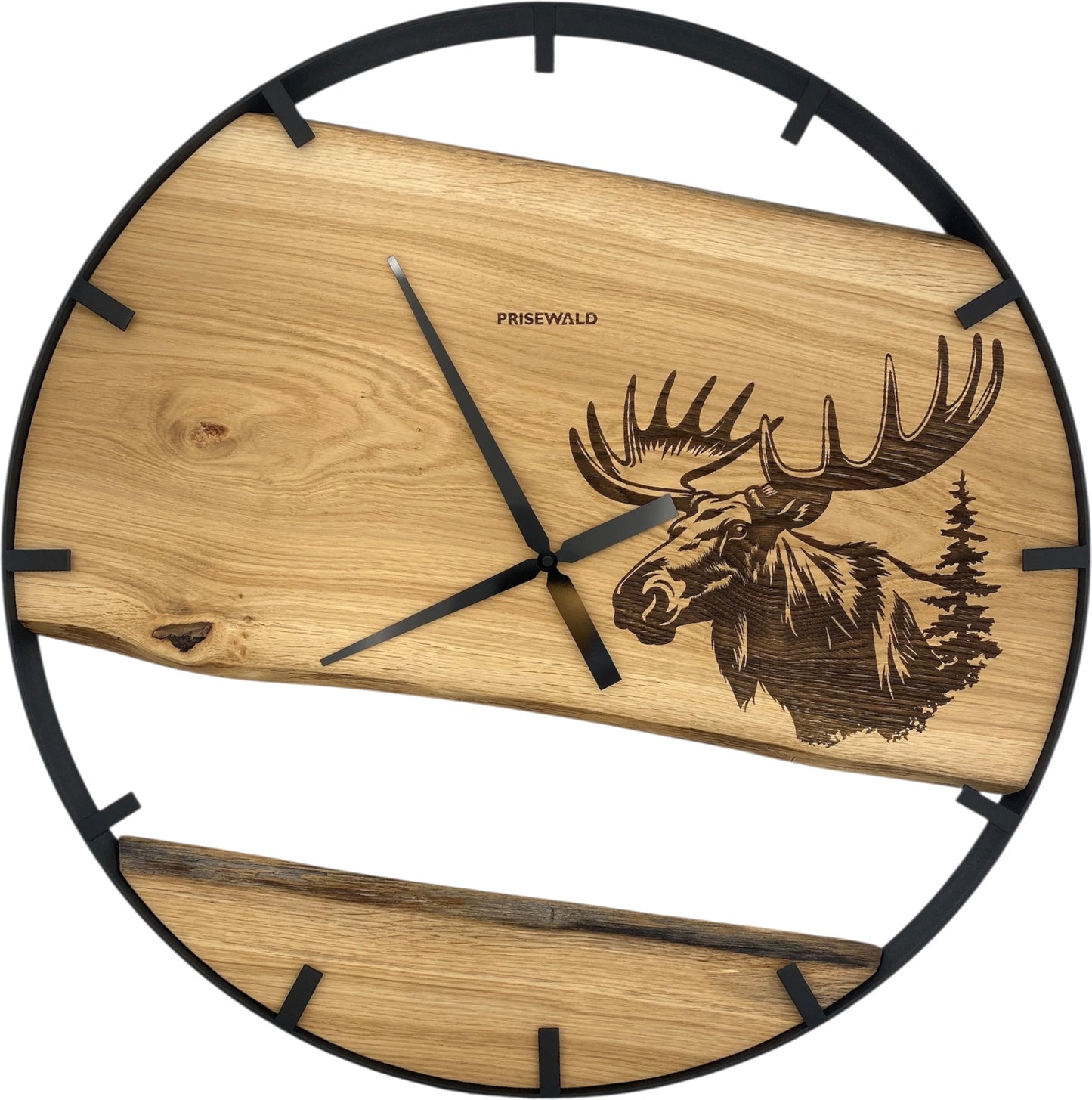 Runde Wanduhr aus Eichenholz, 70 cm, schwarzer Rahmen, Teilstriche Ziffern, Elchkopf
