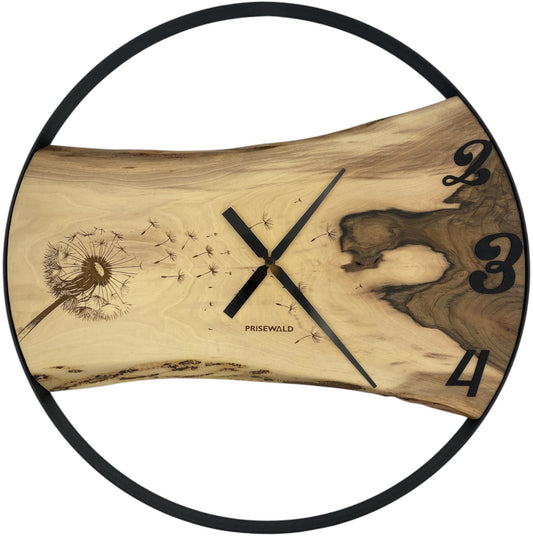 Runde Wanduhr aus Walnussholz, 70 cm, schwarzer Rahmen, arabische Ziffern, Löwenzahn