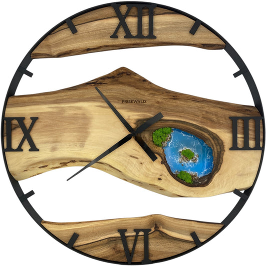 Runde Wanduhr aus Walnussholz, 70 cm, schwarzer Rahmen, römische Ziffern, blaues Epoxidharz, grünes Moos, Steine am Strand, Insel
