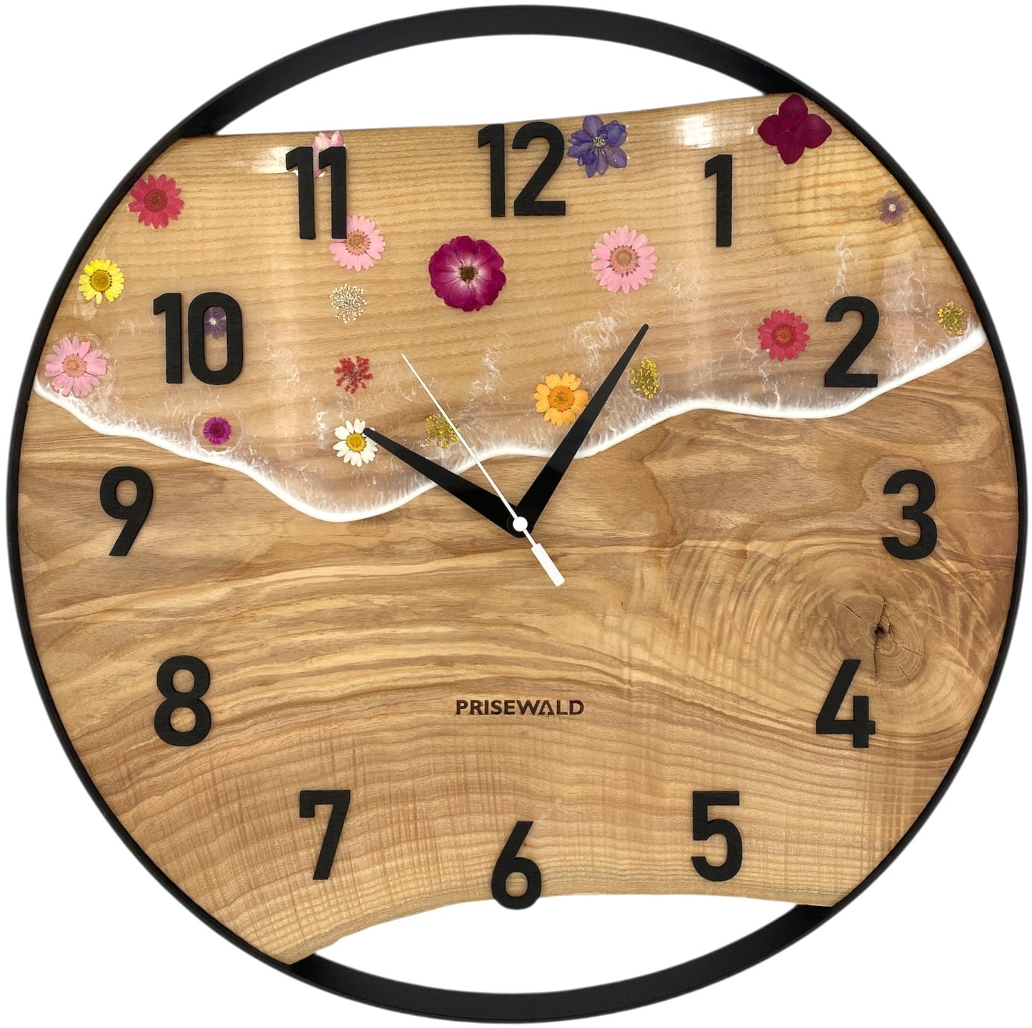 Runde Wanduhr aus Eschenholz, 50 cm, schwarzer Rahmen, arabische Ziffern, Durchsichtiges Epoxidharz, Blumen