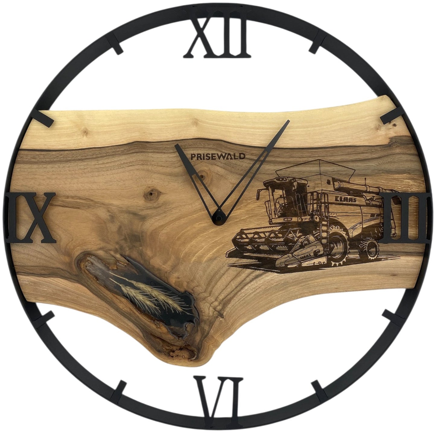 Runde Wanduhr aus Walnussholz, 50 cm, schwarzer Rahmen, römische Ziffern, Mähdrescher CLAAS, Weizenähre