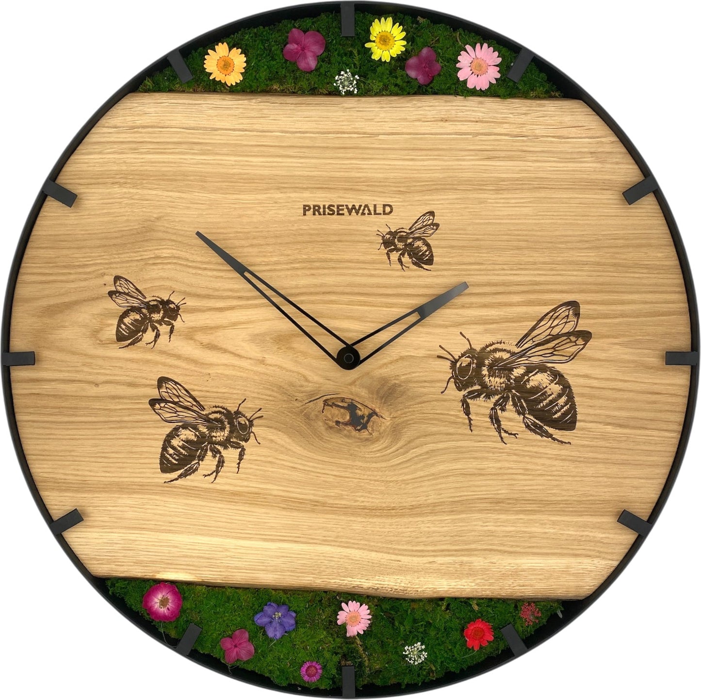 Runde Wanduhr aus Eichenholz, 50 cm, schwarzer Rahmen, Teilstriche Ziffern, Blumen, Bienen