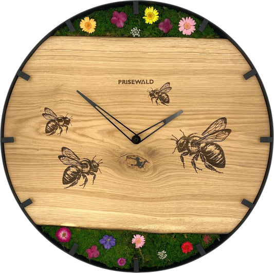 Runde Wanduhr aus Eichenholz, 50 cm, schwarzer Rahmen, Teilstriche Ziffern, Blumen, Bienen