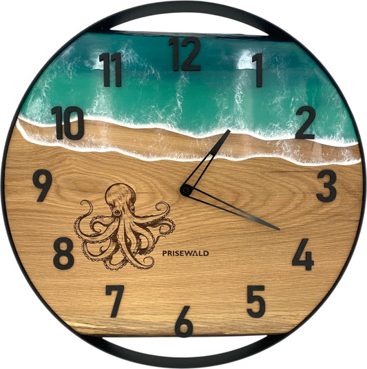Runde Wanduhr aus Eichenholz, 50 cm, schwarzer Rahmen, schwarze arabische Ziffern, türkises Epoxidharz, Oktopus