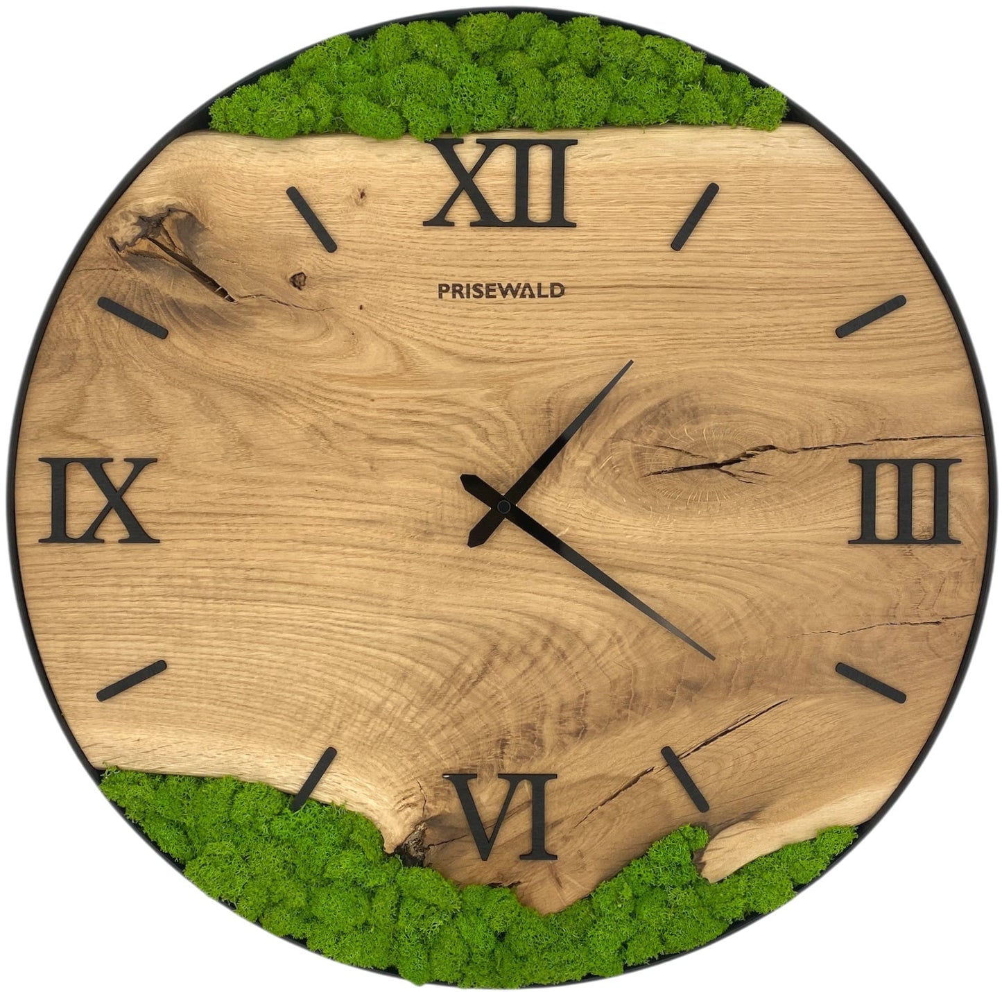 Runde Wanduhr aus Eichenholz, 50 cm, schwarzer Rahmen, römische Ziffern, grünes Moos