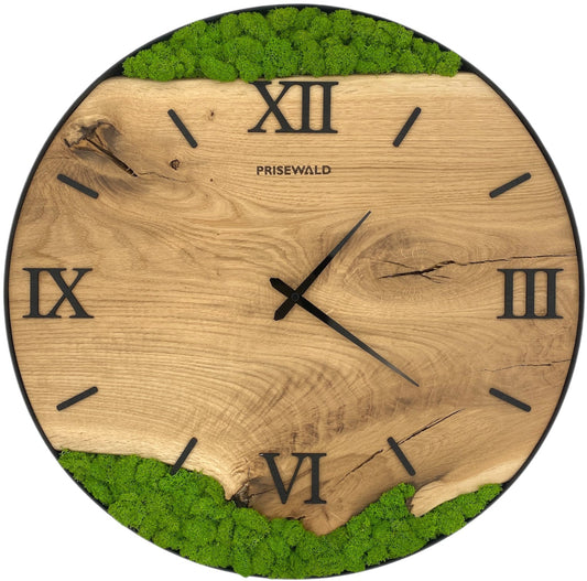 Runde Wanduhr aus Eichenholz, 50 cm, schwarzer Rahmen, römische Ziffern, grünes Moos