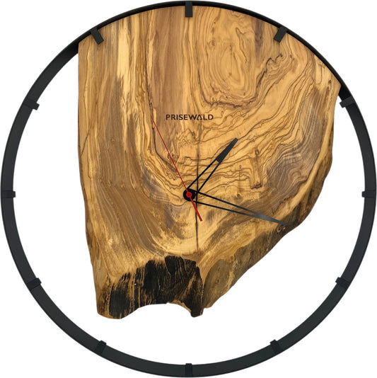 Runde Wanduhr aus Olivenholz, 50 cm, schwarzer Rahmen, Teilstriche Ziffern