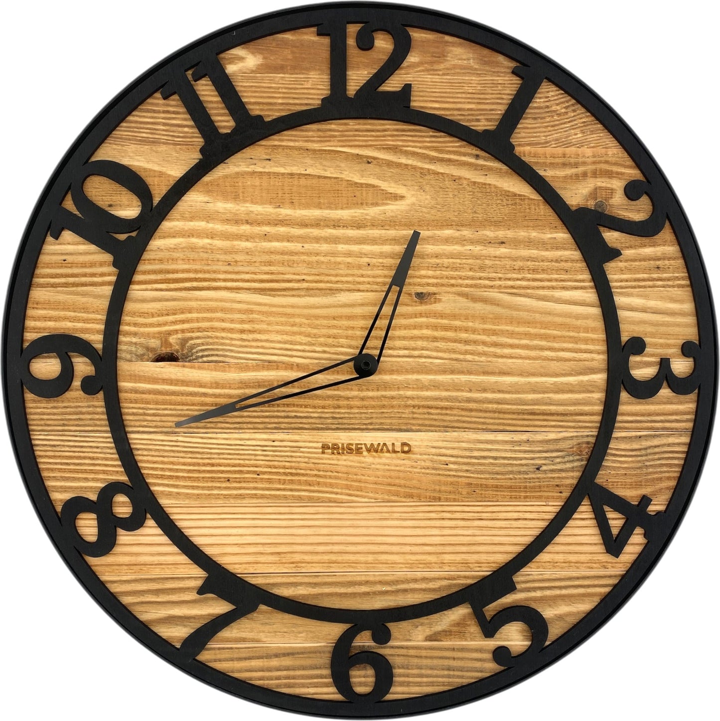 Runde Wanduhr aus altem Holz, 50 cm, schwarzer Rahmen, arabische Ziffern
