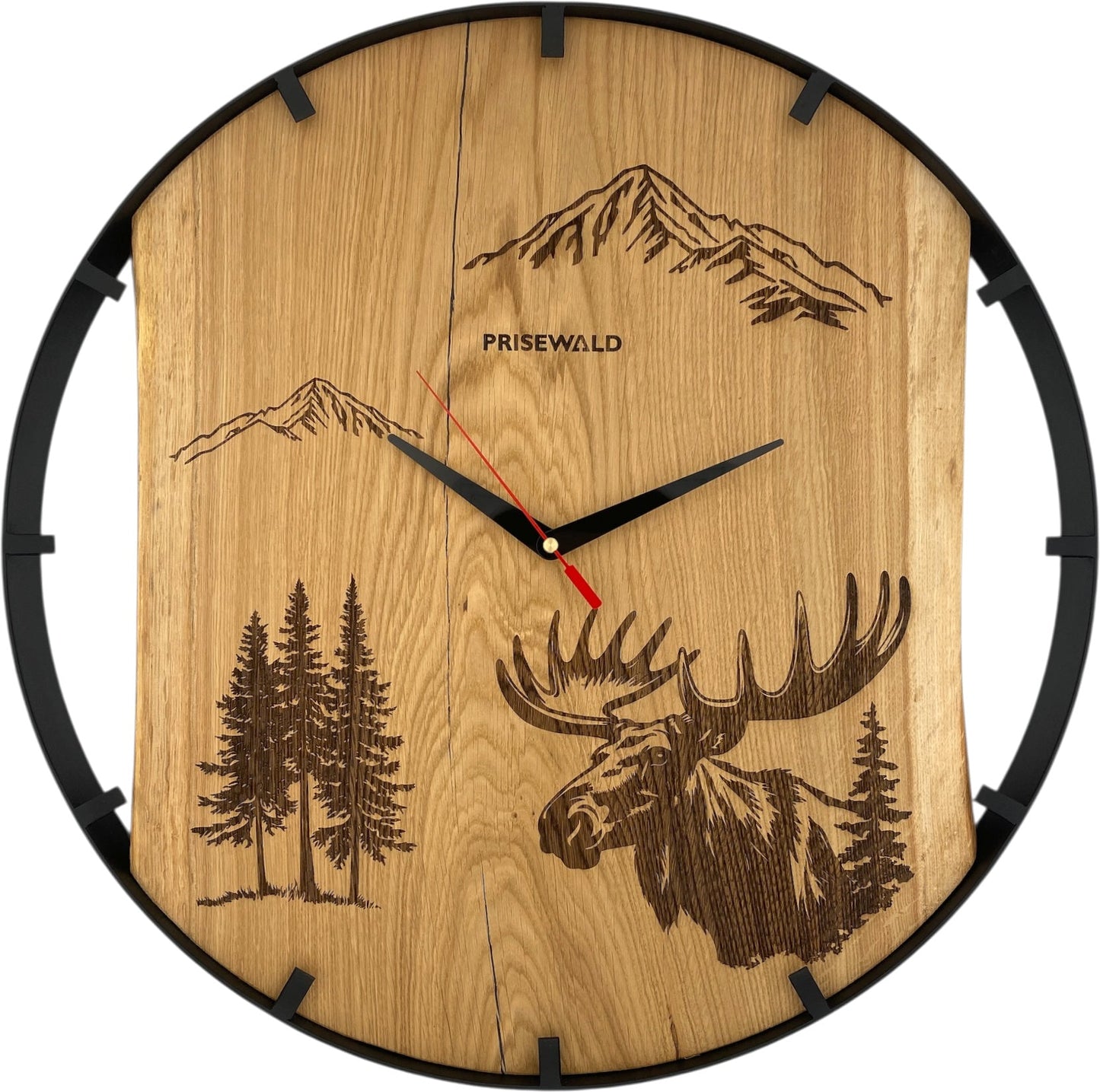 Runde Wanduhr aus Eichenholz, 50 cm, schwarzer Rahmen, Teilstriche Ziffern, Elchkopf, Berge und Tannenbäume