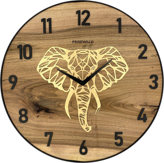 Runde Wanduhr aus Walnussholz, 50 cm, schwarzer Rahmen, arabische Ziffern, Goldener Elefantenkopf