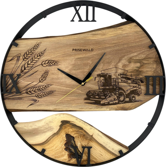 Runde Wanduhr aus Walnussholz, 50 cm, schwarzer Rahmen, römische Ziffern, Mähdrescher und Getreideähren, CLAAS