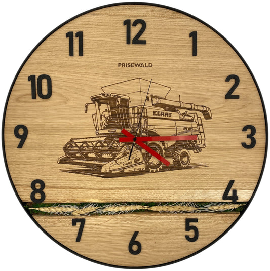 Runde Wanduhr aus Eichenholz, 50 cm, schwarzer Rahmen, arabische Ziffern, Mähdrescher und Getreideähren, CLAAS