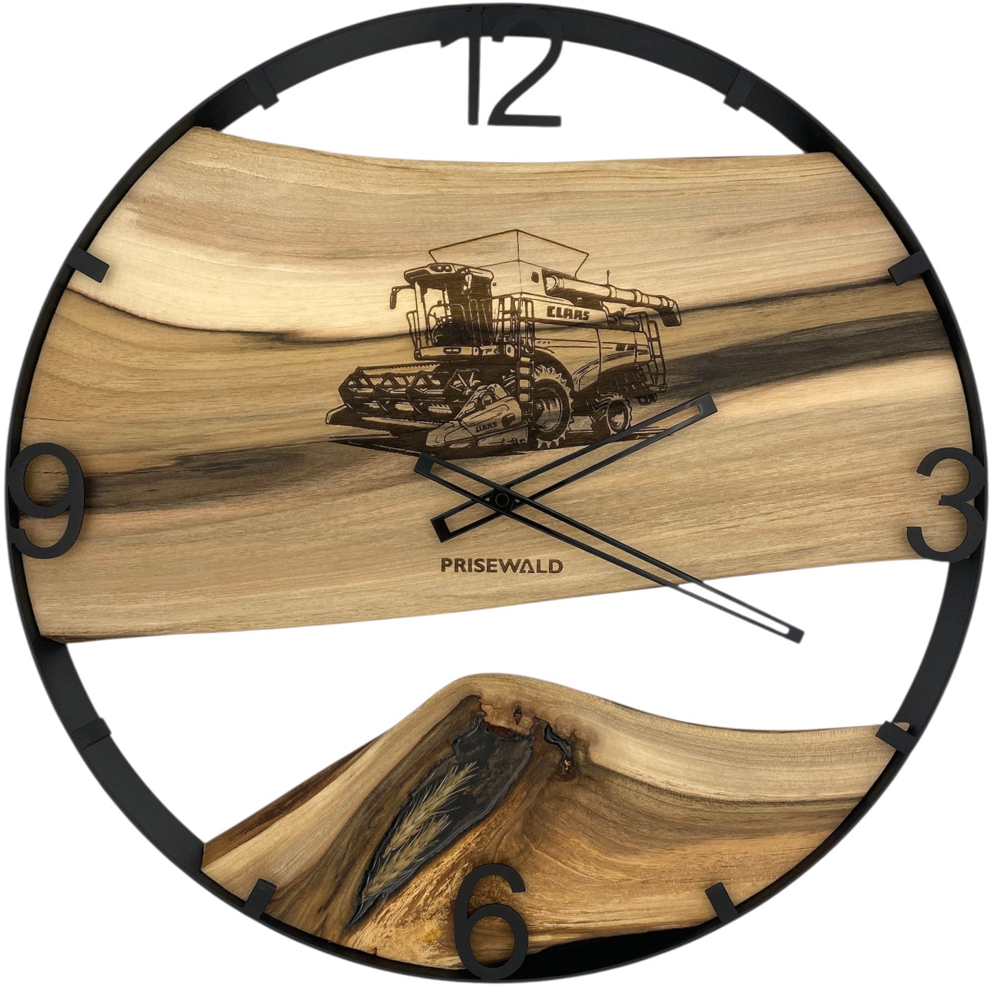 Runde Wanduhr aus Walnussholz, 50 cm, schwarzer Rahmen, Arabische Ziffern, Mähdrescher und Getreideähren, CLAAS