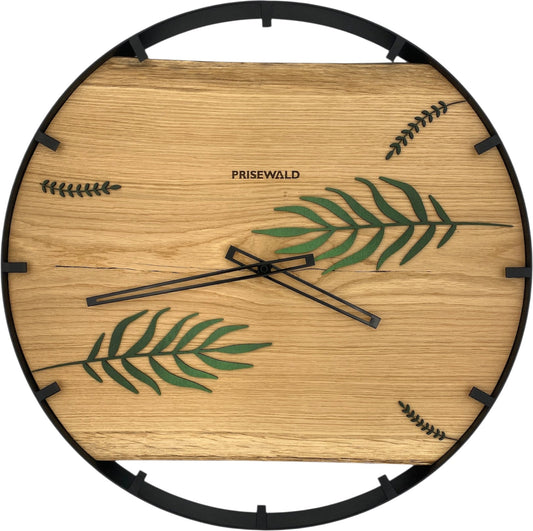Runde Wanduhr aus Eichenholz, 50 cm, schwarzer Rahmen, Teilstriche Ziffern, Pflanzen