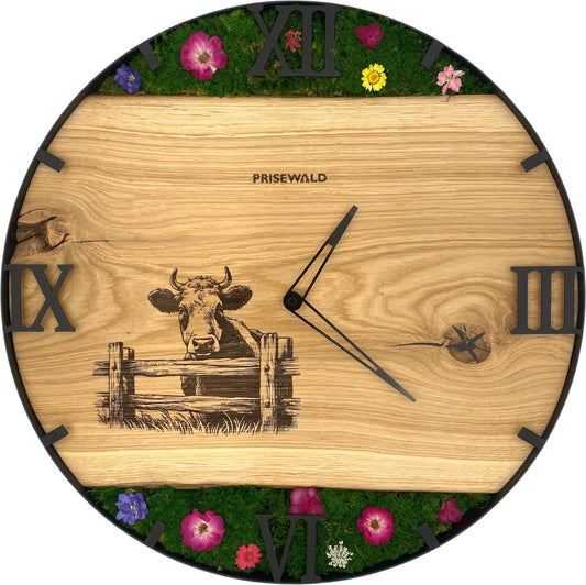 Runde Wanduhr aus Eichenholz, 50 cm, schwarzer Rahmen, römische Ziffern, Blumen, Kuh