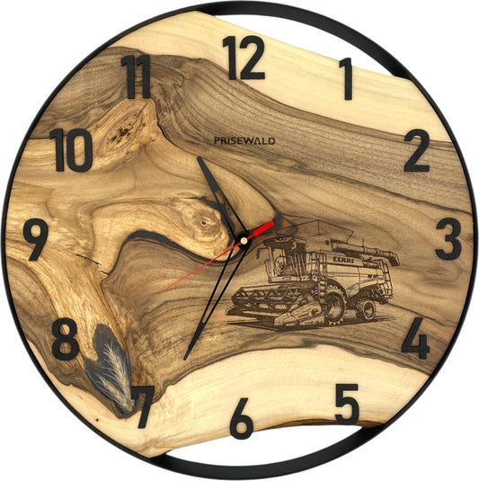 Runde Wanduhr aus Walnussholz, 50 cm, schwarzer Rahmen, arabische Ziffern, Mähdrescher und Getreideähren, CLAAS