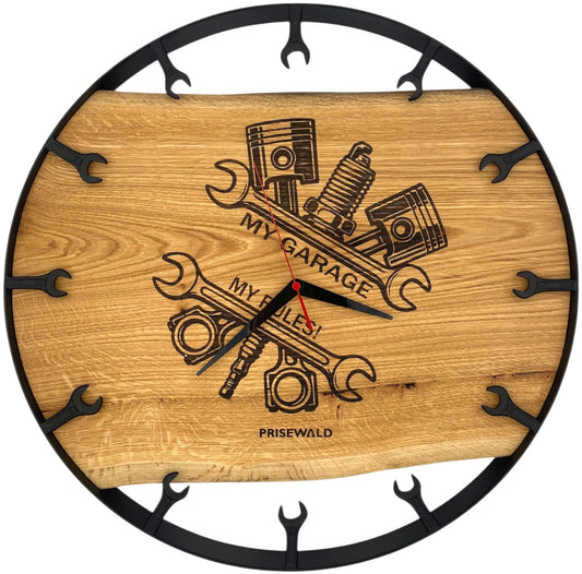 Runde Wanduhr aus Eichenholz, 50 cm, schwarzer Rahmen, Teilstriche Ziffern, "MY GARAGE, MY RULES"
