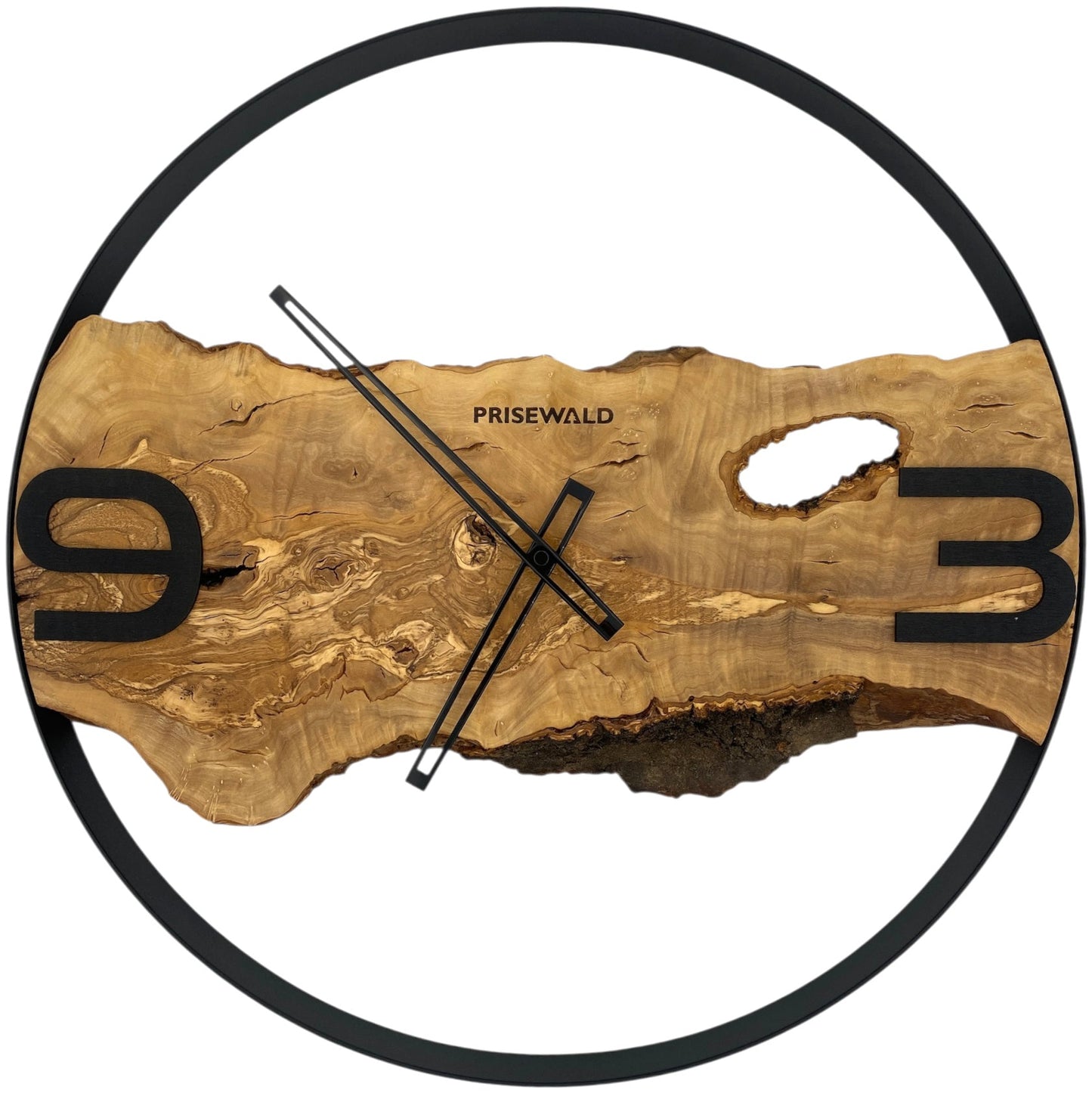 Runde Wanduhr aus Olivenholz, 50 cm, schwarzer Rahmen, arabische Ziffern