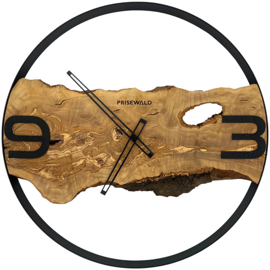 Runde Wanduhr aus Olivenholz, 50 cm, schwarzer Rahmen, arabische Ziffern