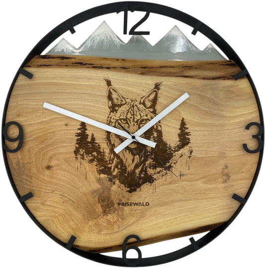 Runde Wanduhr aus Walnussholz, 50 cm, schwarzer Rahmen, arabische Ziffern, Luchs im Wald, Verschneite Berge