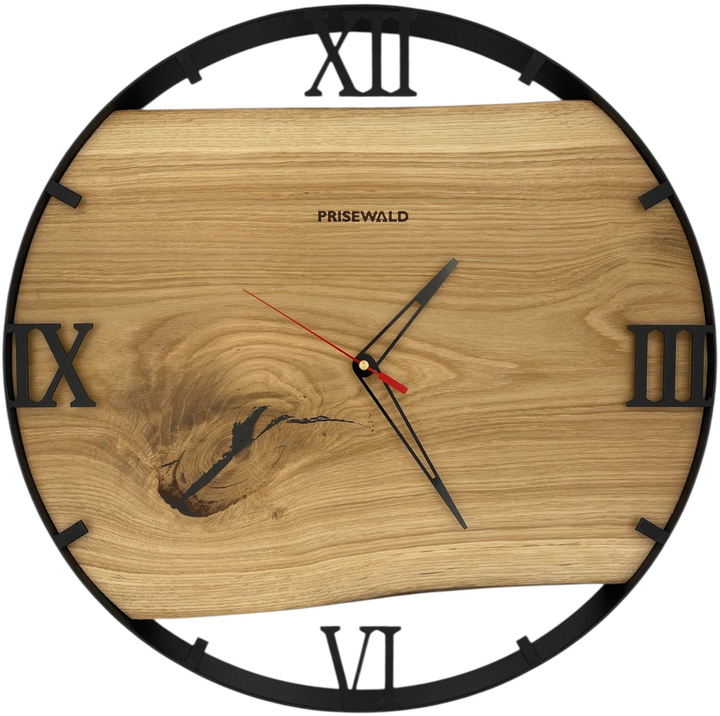 Runde Wanduhr aus Eichenholz, 50 cm, schwarzer Rahmen, römische Ziffern, schwarzes Epoxidharz, Kernholz