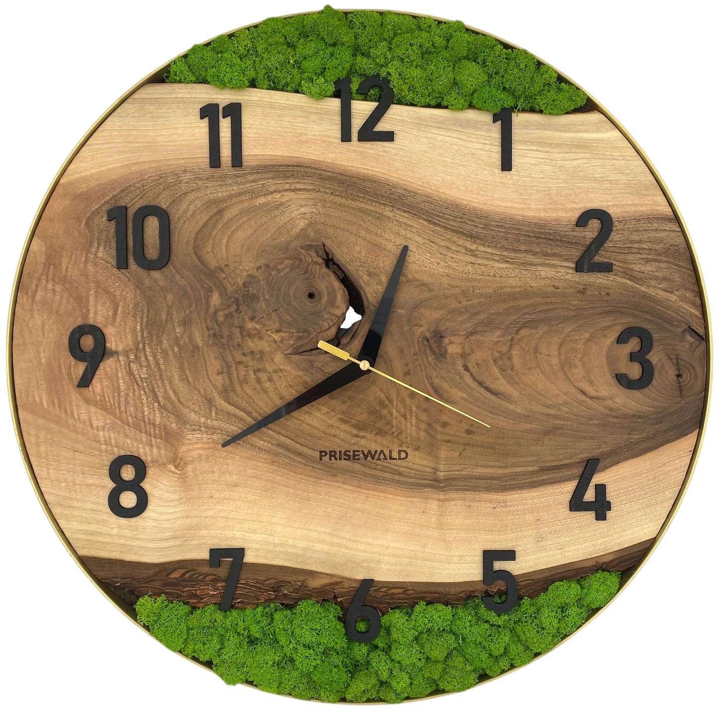 Runde Wanduhr aus Walnussholz, 50 cm, goldener Rahmen, arabische Ziffern, grünes Moos