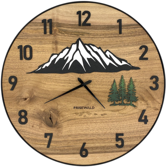 Runde Wanduhr aus Walnussholz, 50 cm, schwarzer Rahmen, arabische Ziffern, Wald, Verschneite Berge
