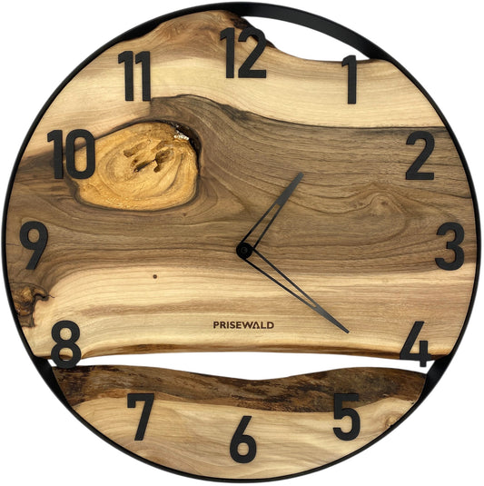 Runde Wanduhr aus Walnussholz, 50 cm, schwarzer Rahmen, arabische Ziffern